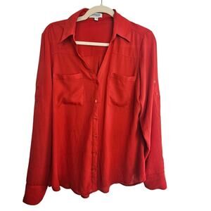 Express Portofino Blouse Red Long Sleeve Button Front Shirt Women M Collared